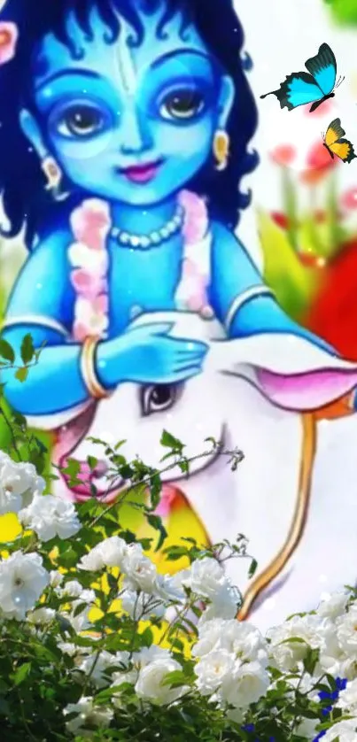 Vibrant illustrated Krishna with cows in a colorful setting.