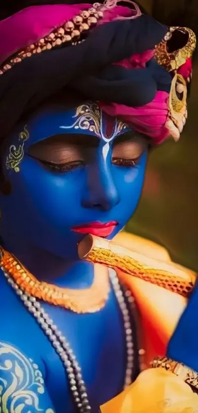 Vibrant Krishna wallpaper with blue tones.