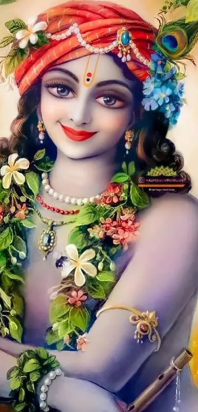 Vibrant art of Krishna adorned with flowers and a flute for mobile wallpaper.