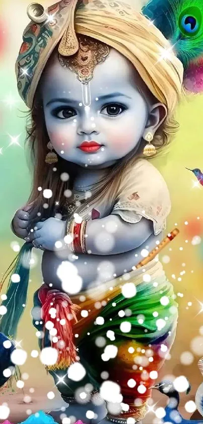 Vibrant depiction of Krishna with vivid colors and cultural motifs as phone wallpaper.