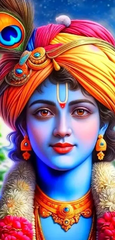 Vibrant Krishna digital artwork with colorful turban.