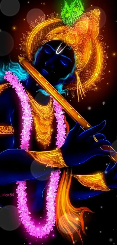 Vibrant neon image of Lord Krishna playing the flute.