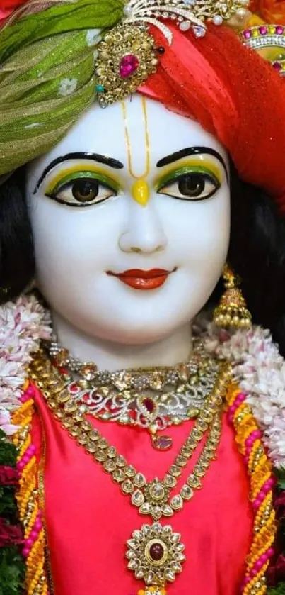 Colorful Krishna adorned with jewelry in vibrant attire.