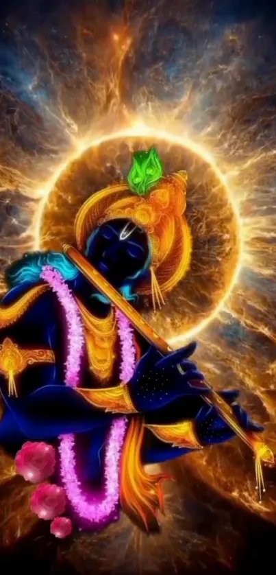 Vibrant depiction of Lord Krishna with a cosmic halo, playing a flute.