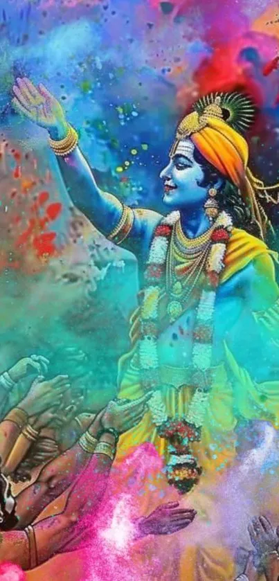 Vibrant artwork of a Hindu festival with divine imagery and colorful splashes.