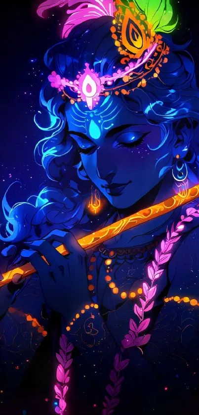 Vivid neon artwork of Krishna playing flute.