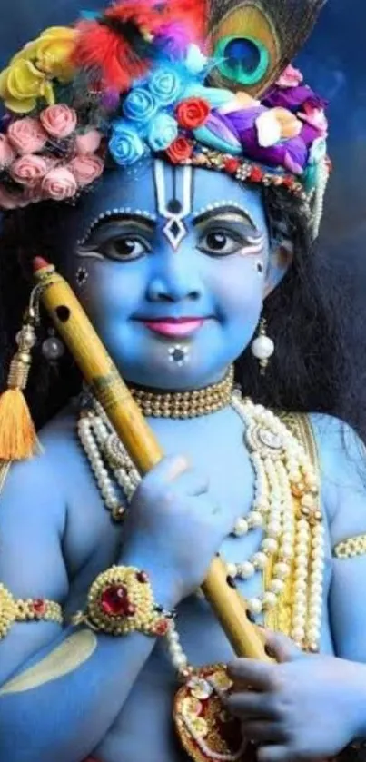 Vibrant depiction of Krishna on a mobile wallpaper with blue hues.