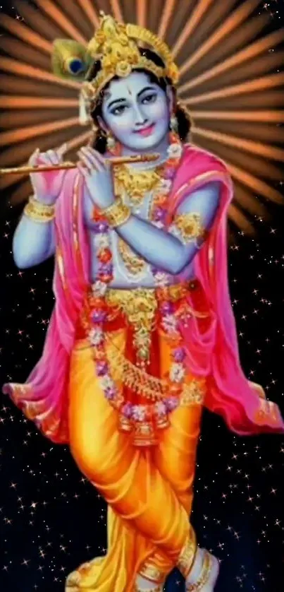 Colorful Krishna playing flute with vibrant background.