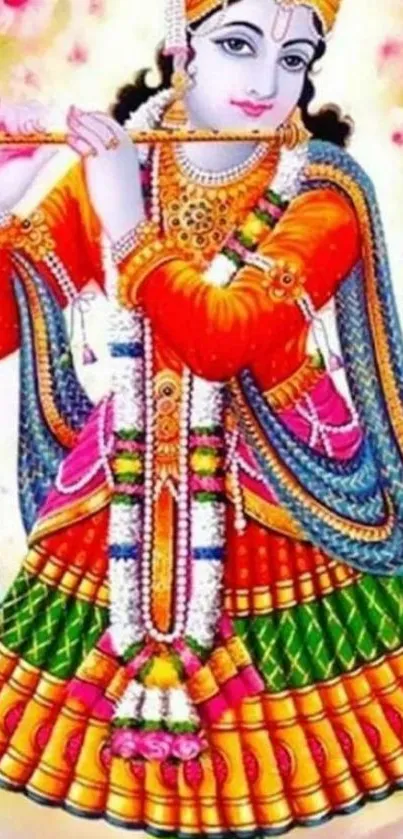 Colorful Krishna playing flute wallpaper for mobile.