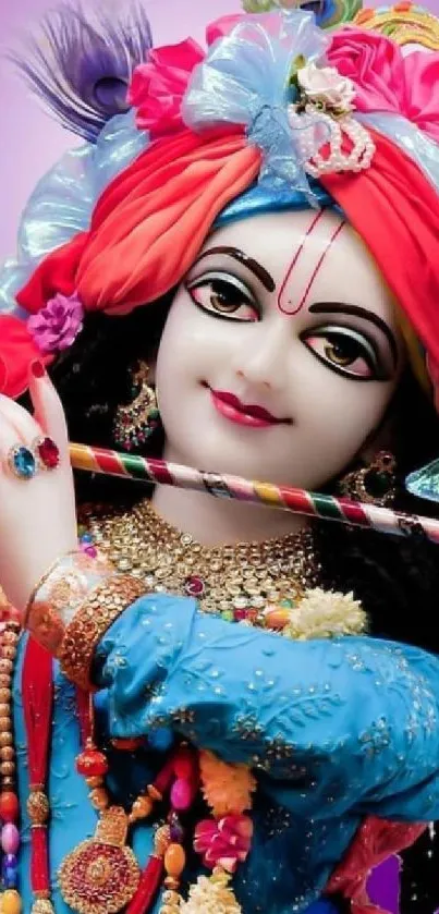 Vibrant Krishna wallpaper with colorful attire and flute in hand.