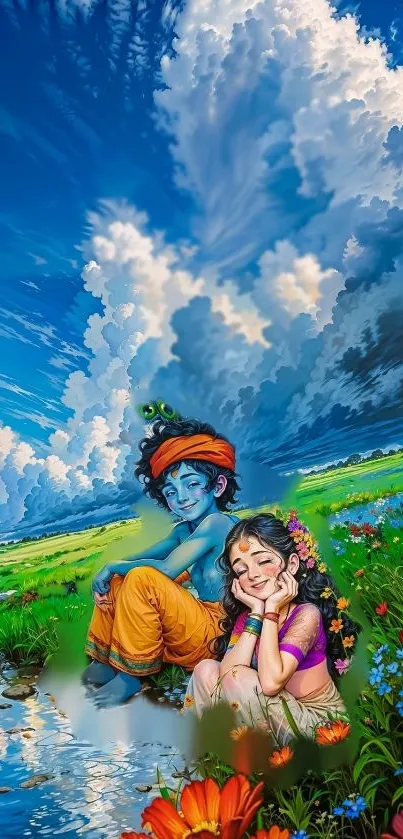 Krishna and Radha in a colorful landscape with blue skies.