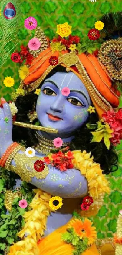 Vibrant image of Krishna with flute and colorful floral decor.