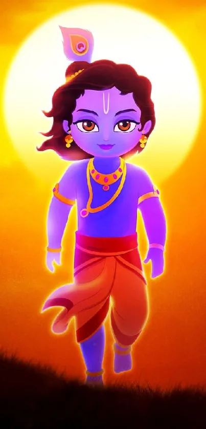 Vibrant artwork of young Krishna with a glowing sunset.