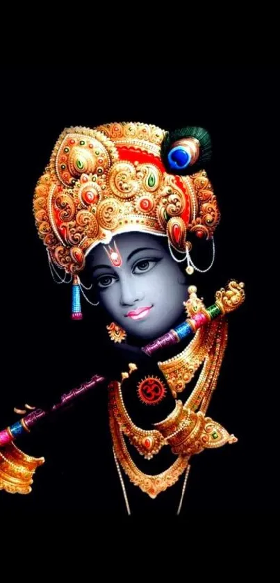 Vibrant and colorful Krishna artwork with intricate details on a black background.