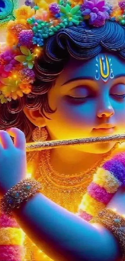 Colorful Krishna playing flute with vibrant flowers.