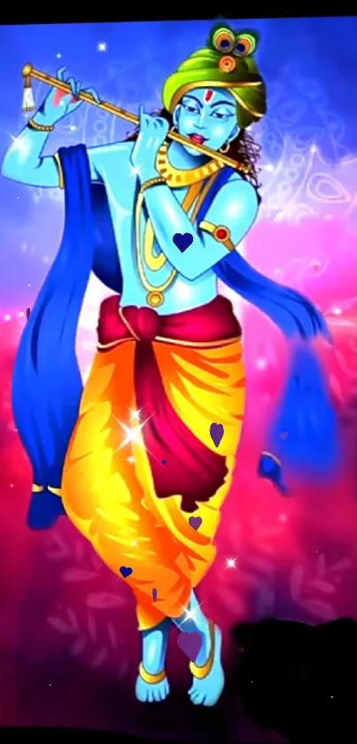 Krishna playing flute amidst vibrant colors.