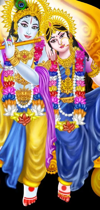 Vibrant Krishna and Radha art on mobile wallpaper.