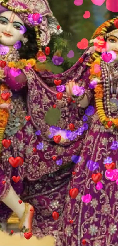 Colorful wallpaper of Krishna and Radha with hearts and flowers.