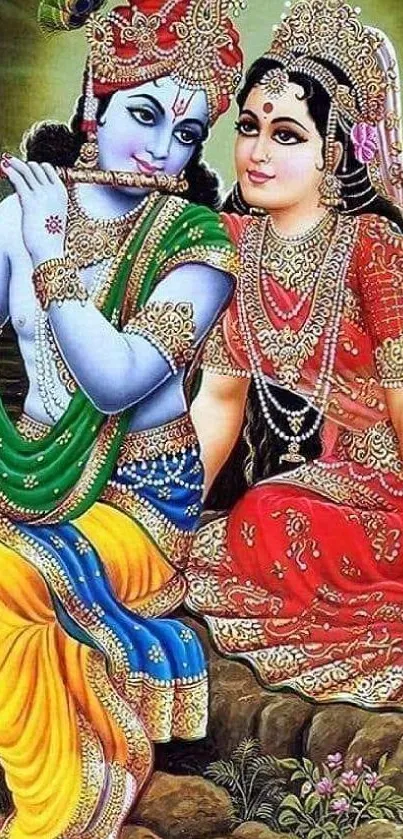 Colorful Krishna and Radha artwork on a vibrant mobile wallpaper.