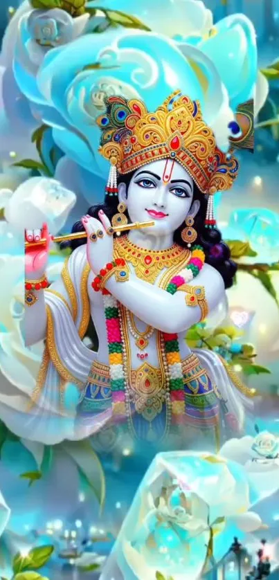 Lord Krishna with ethereal blue roses and intricate ornaments.