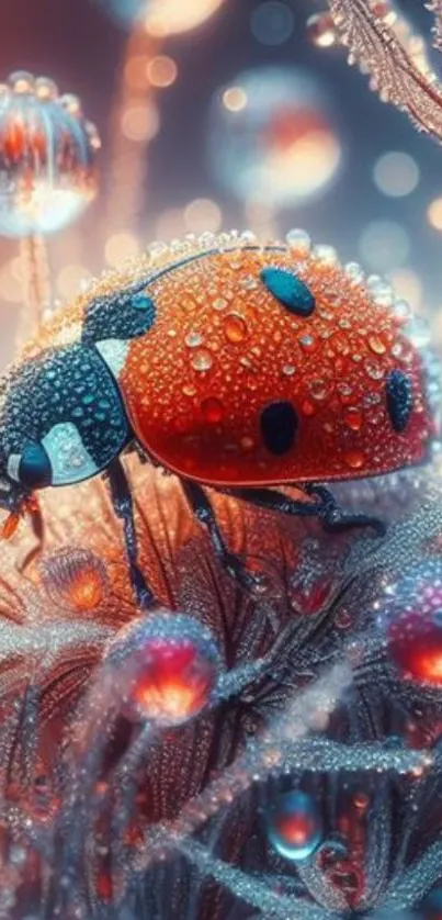 Close-up of a vibrant ladybug with dewdrops on a colorful and artistic background.