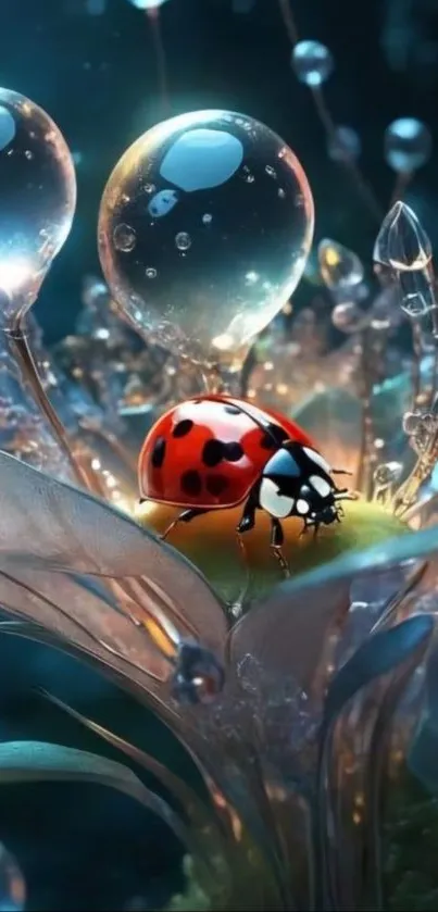 Ladybug on a glowing flower with enchanting dew droplets.