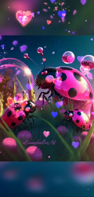 Magical ladybugs in a vibrant pink meadow with whimsical elements.