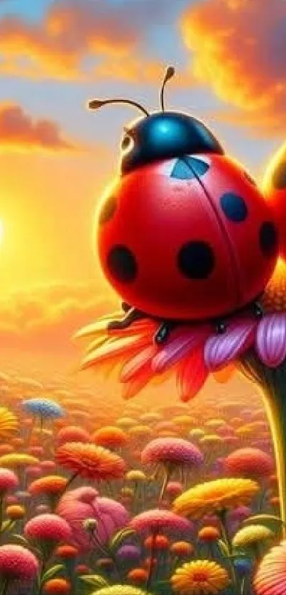 Colorful sunset with ladybugs on a flower in a vibrant field.