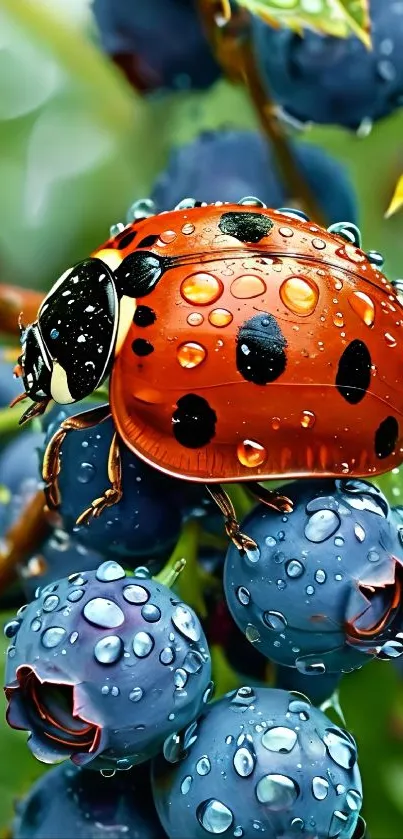 Ladybug on blueberries with dewdrops in nature.