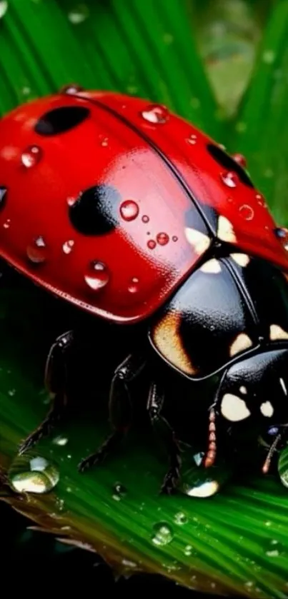Red ladybug with dew drops on a green leaf.