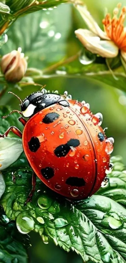 Closeup of a ladybug on a dewy green leaf with flowers.