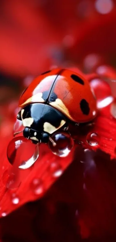 Close-up of ladybug on red petals with water droplets.