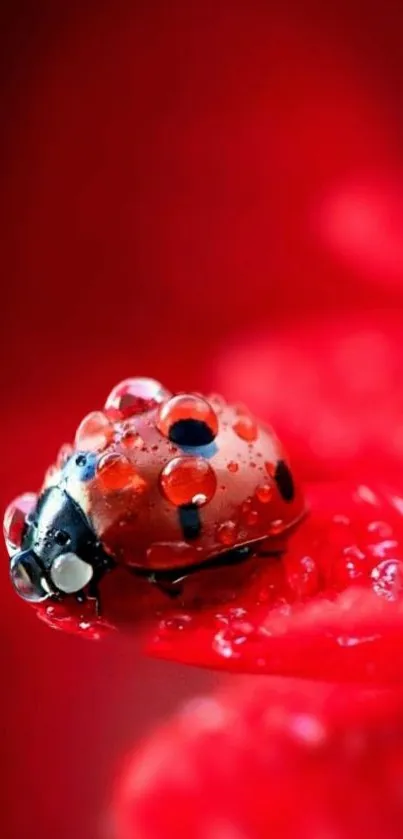 Close-up of a ladybug on a red leaf with raindrops.