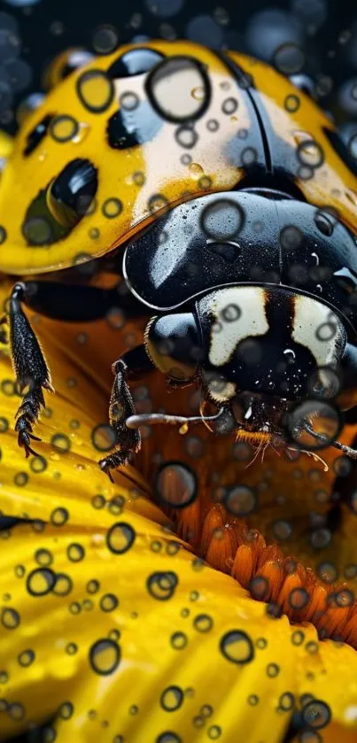 Close-up of a ladybug with raindrops on a yellow flower.