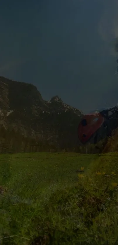 Ladybug on green grass with mountainous background under clear sky.