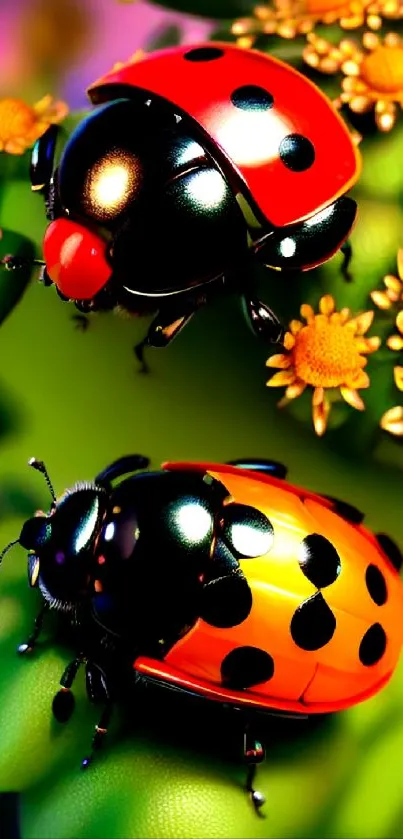 Colorful ladybugs on vibrant green leaves and yellow flowers wallpaper.