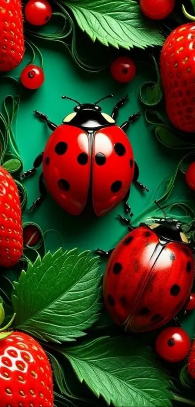 Colorful ladybugs and strawberries on a green background.