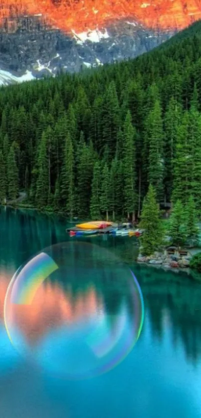 Mountain lake with forest and bubble reflection.