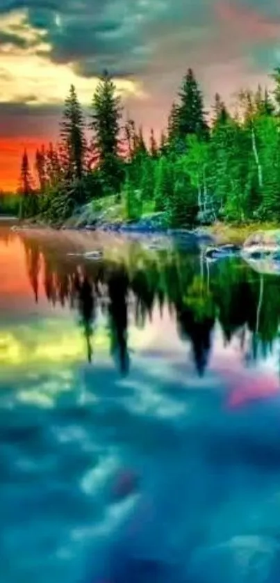 Vibrant sunset over a serene lake with lush forest reflections.