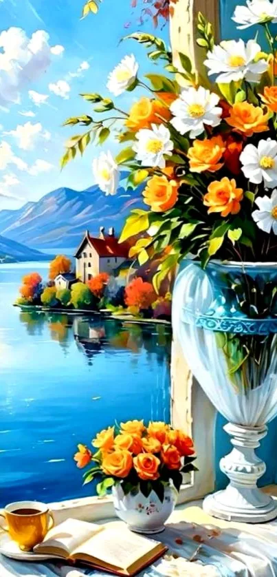 Vibrant lake view with colorful flowers in a glass vase.