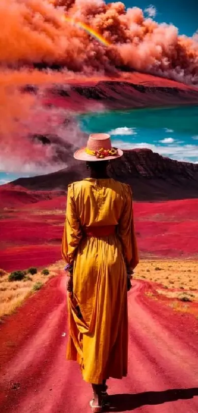 Woman in yellow dress on surreal red path with dramatic sky.