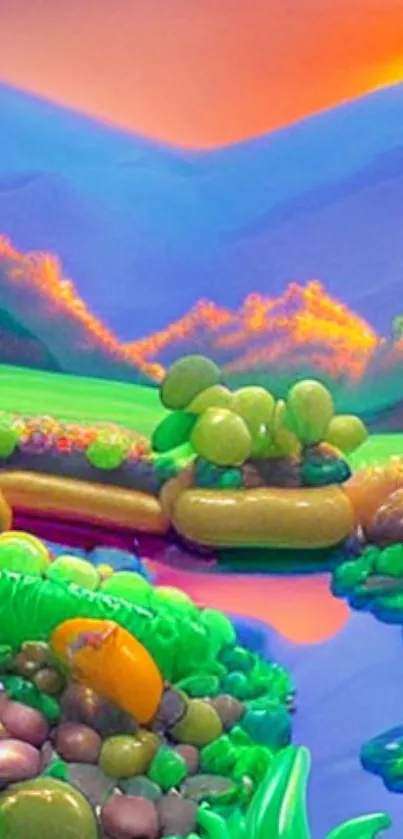 Vibrant landscape wallpaper with river and colorful hills.