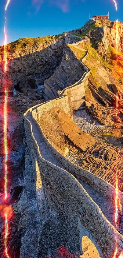 Vibrant scenic pathway on a rocky hill under clear blue sky.