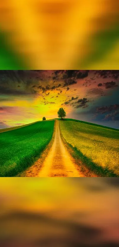 Vibrant sunset landscape with winding hill path.