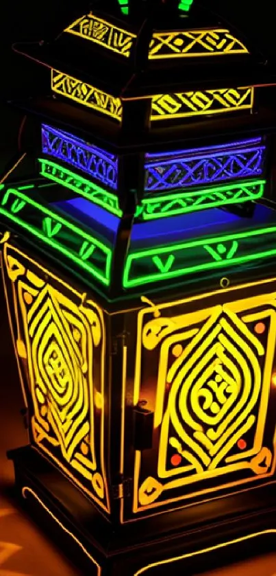 Vibrant neon lantern with yellow, blue, and green patterns.