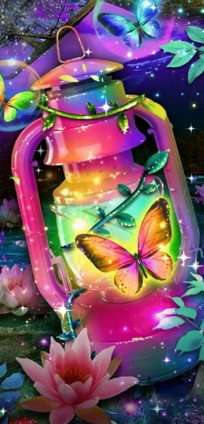 A vibrant lantern surrounded by colorful butterflies against a nature backdrop.