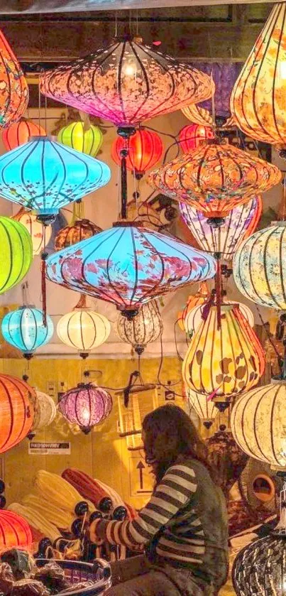 Vibrant hanging lanterns create colorful display.