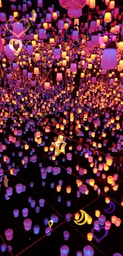 Infinity reflection with colorful lanterns in dark space.