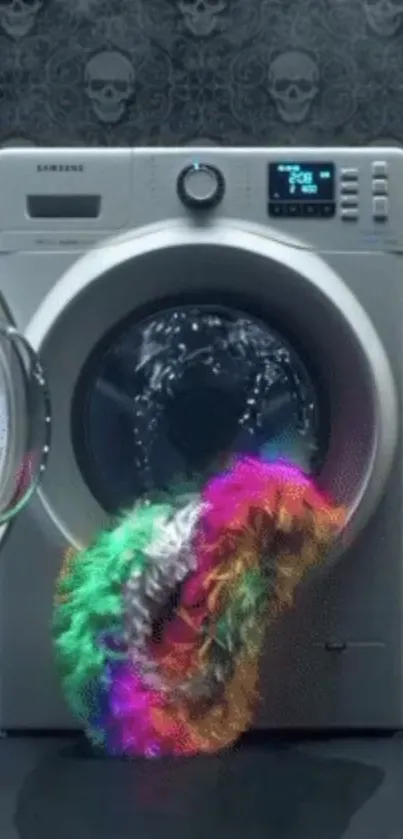 Vibrant washing machine wallpaper with colorful fur and skull pattern.