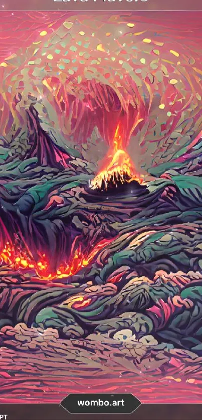 Vivid abstract lava art with swirling colors and volcanic eruption.